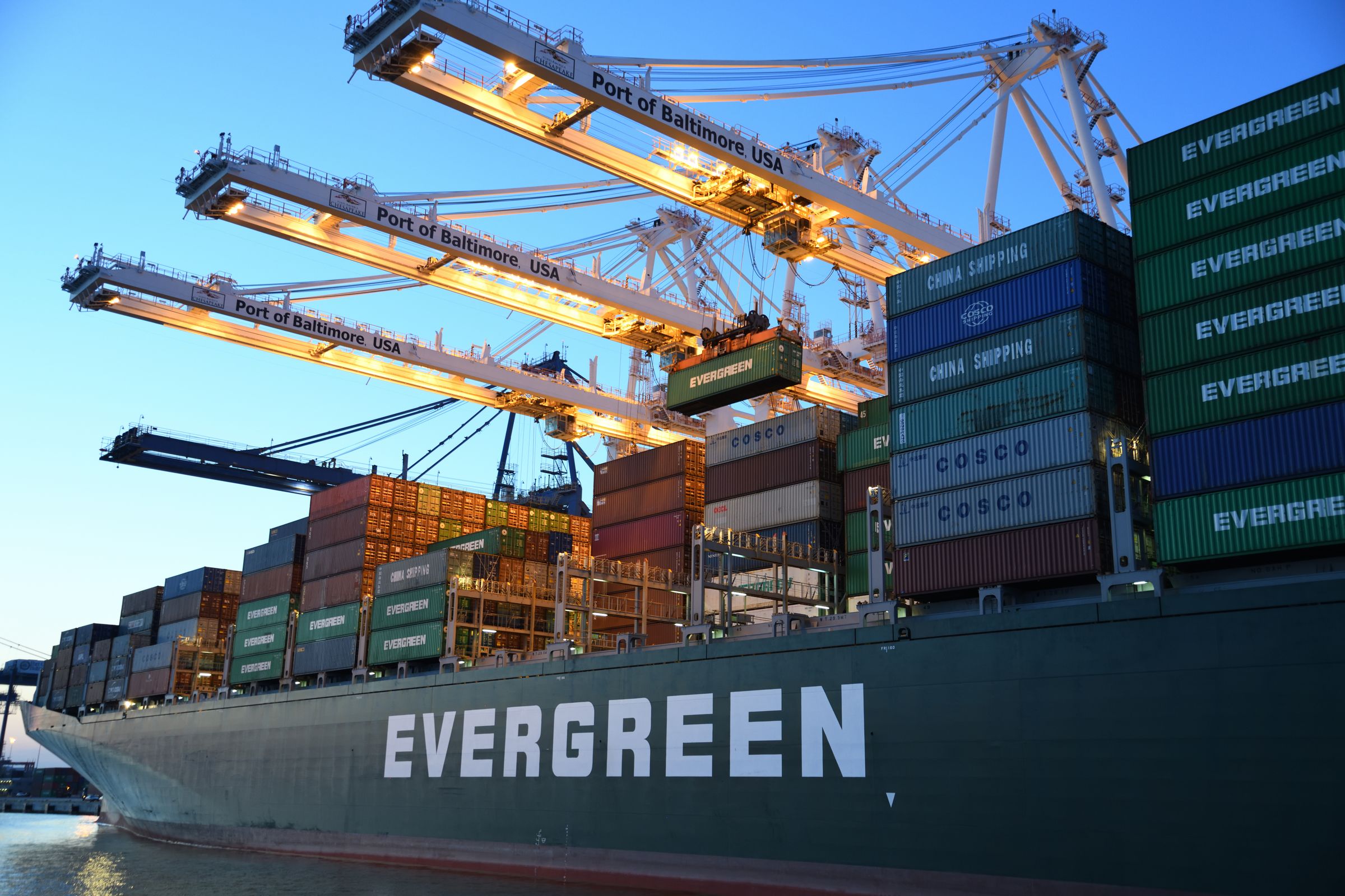 Container ship under cranes at the Port of Baltimore